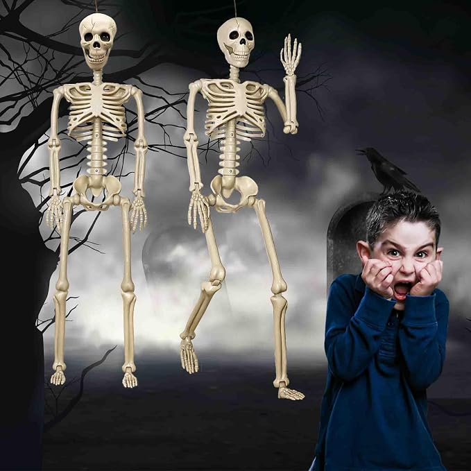 2 Pack 36"Halloween Skeleton - 3 ft Life Size Human Skeleton with Full Body Posable Joints Plastic Skeleton for Halloween Skeletons Decor Yard Patio Lawn Garden Skeleton Props Spooky Party Decoration