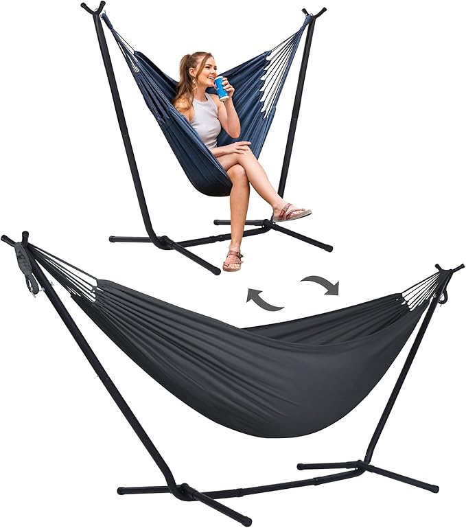 SUNCREAT 2-in-1 Hammocks Convertible Portable Double Hammock with Stand Included, Outdoor Hammock and Stand, Patented, Dark Grey