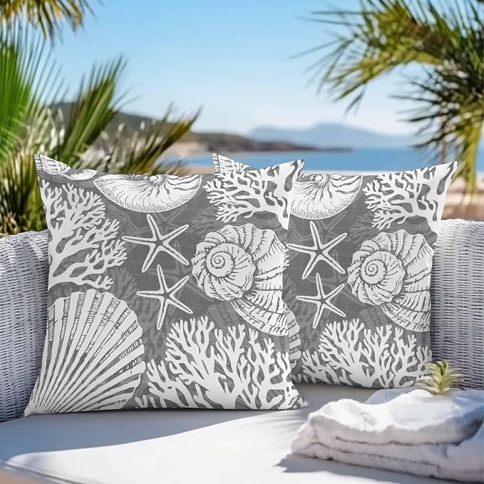 Outdoor Pillow Covers 16x16 Inch Set of 2, Grey Starfish Coastal Waterproof Throw Pillow Covers, Summer Coral Shell Beach Nautical Decorative Cushion Pillowcases for Couch, Sofa, Bed, Garden, Patio