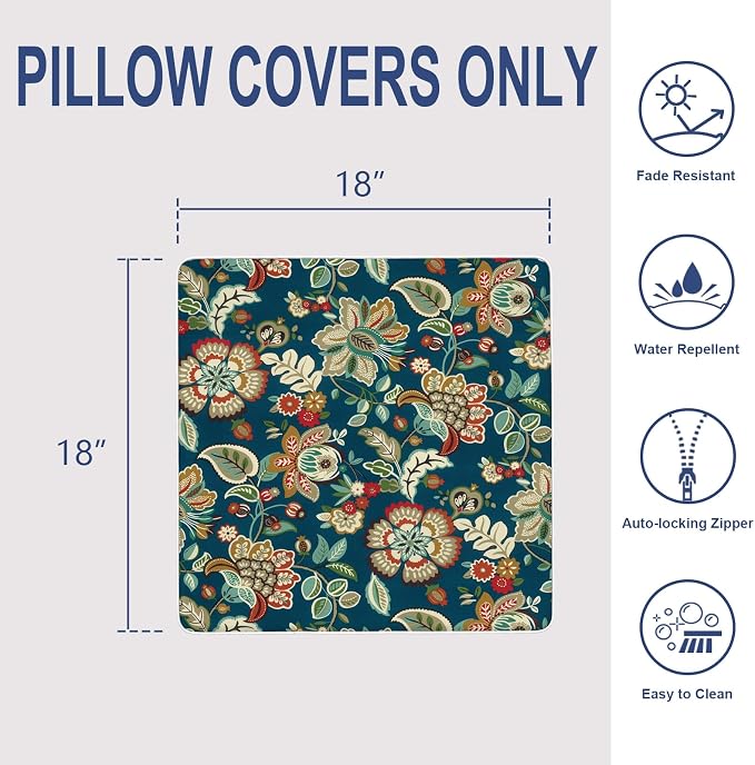 Outdoor Throw Pillow Covers Pack of 2, Decorative Water Repellent Square Pillow Cases with Piping 18x18 Inch, Peacock Blue