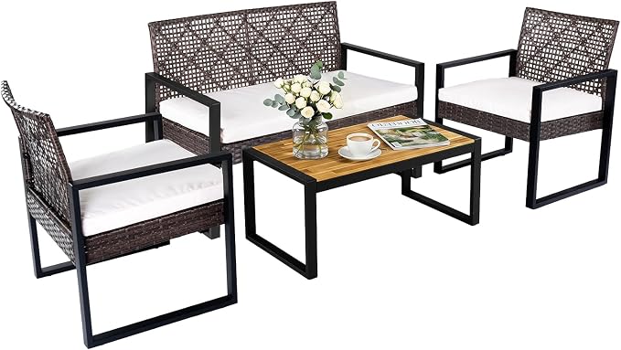Tangkula 4-Piece Patio Conversation Set, Outdoor Furniture Set w/2 Single Chairs, Cushioned Loveseat & Acacia Wood Coffee Table, PE Wicker Seating Set w/Metal Frame & Adjustable Feet for Yard (Brown)