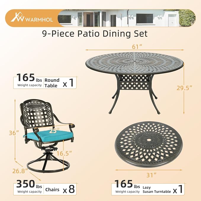 9-Piece Patio Furniture Dining Set, Cast Aluminum Outdoor Conversation Set- 61" Round Patio Dining Table with Detachable Lazy Susan & 8 Cushioned Swivel Rocker, Umbrella Hole, Ocean Blue