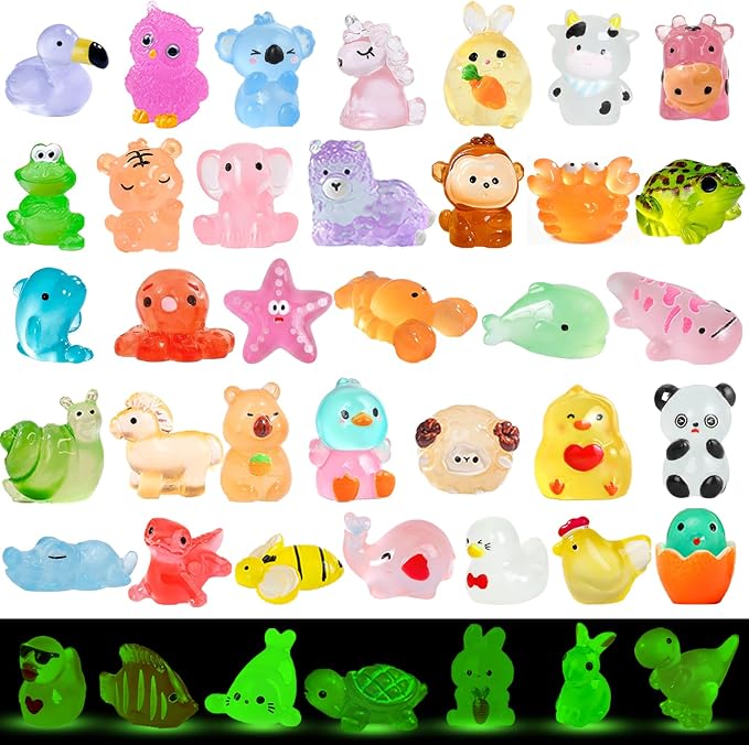 50 Pcs Luminous Mini Resin Animals Variety Pack, No Duplicates | Waterproof, Fade-Resistant DIY Craft Supplies for Fairy Garden, Aquarium, Terrarium