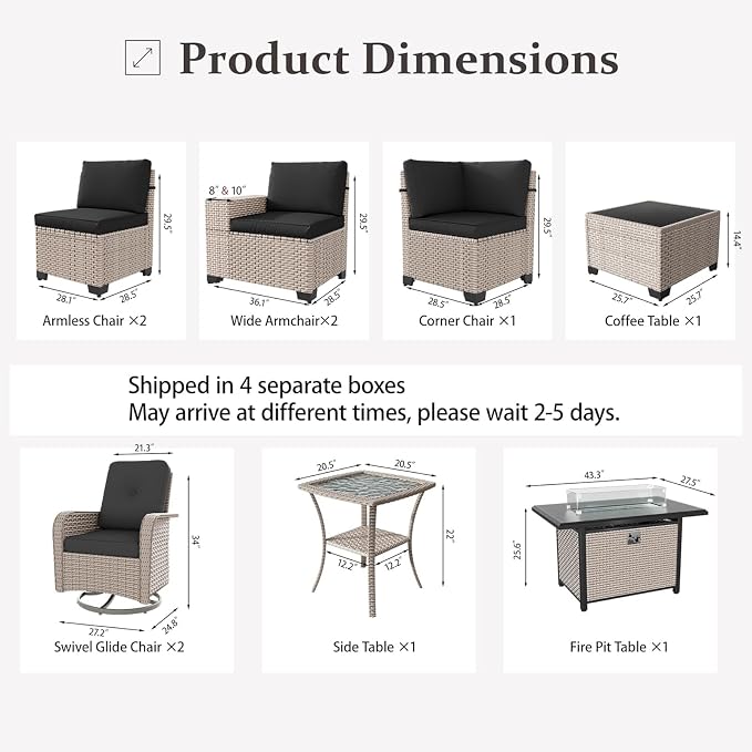 10 Pieces Patio Furniture Set with Fire Pit Table, Outdoor Sectional Wicker Sofa with Thick Cushions, High Back Swivel Rocker Patio Chairs, Rattan Conversation Set with Coffee Table, Black