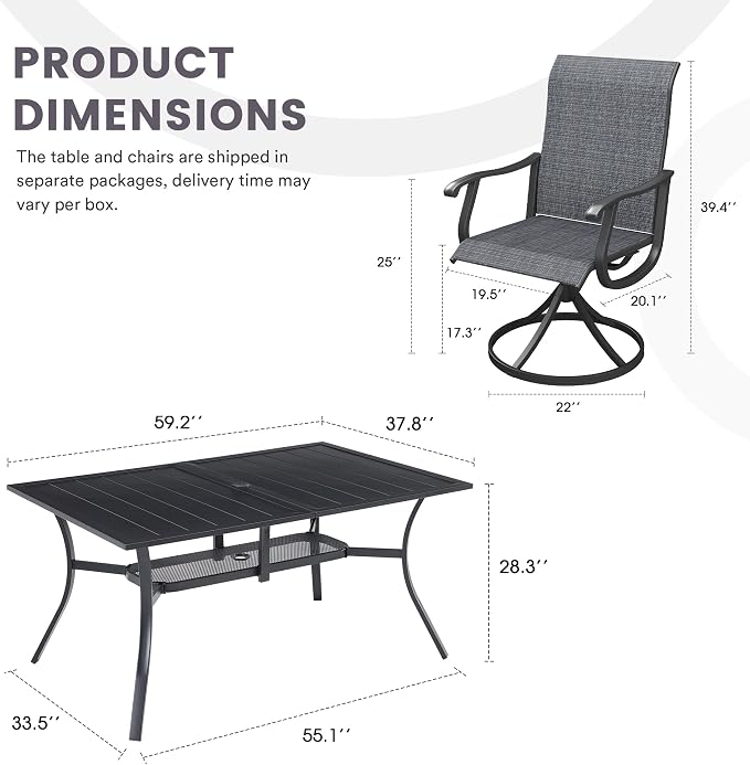 7 Pieces Patio Furniture Dining Set, 6 Textilene Swivel Dining Chairs, 59" Outdoor Rectangular Metal Table with 1.57" Umbrella Hole, Outdoor Dining Set for Porch, Lawn, Garden, Black/Black