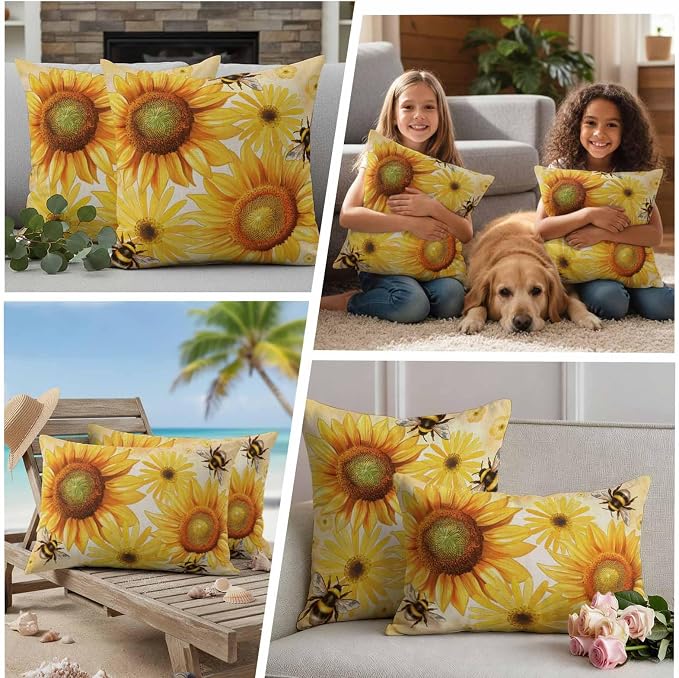 Outdoor Throw Pillow Covers,Farmhouse Sunflower Bee on Linen Waterproof Decorative Pillowcases Cushion Cover Retro Pastoral Yellow Flower Pillow Cases for Patio Couch Sofa Bed,24x42in Set of 2
