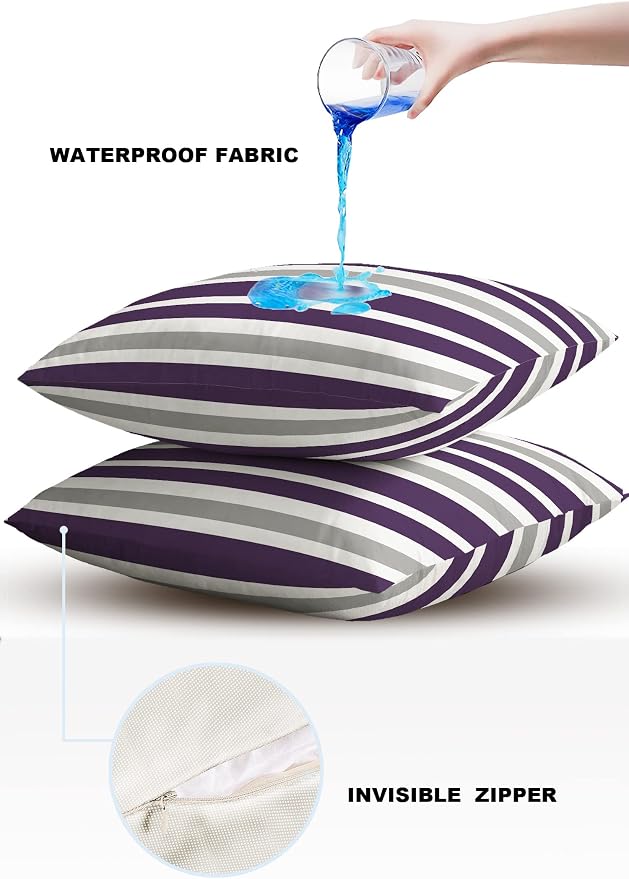 Outdoor Waterproof Pillow Covers for Patio Furniture Purple, Grey and White Stripes Decorative Throw Pillow Cover Farmhouse Stripe Pillowcases Set of 2 Cushion Case for Sofa Couch Chair 24x24 In