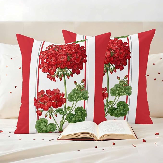Flower Outdoor Waterproof Throw Pillow Covers 18"x18" Set of 2, Geranium Red Floral Summer Plant Spring Decorative Garden Pillowcase with Zipper Cushion Case for Patio Couch Tent