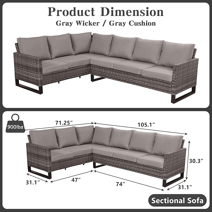 Belord Outdoor Sectional Sofa 6 Seater L Shaped Couch Wicker Patio Conversation Furniture Set Rattan Outdoor Furniture with Removable Washable Cushion Grey