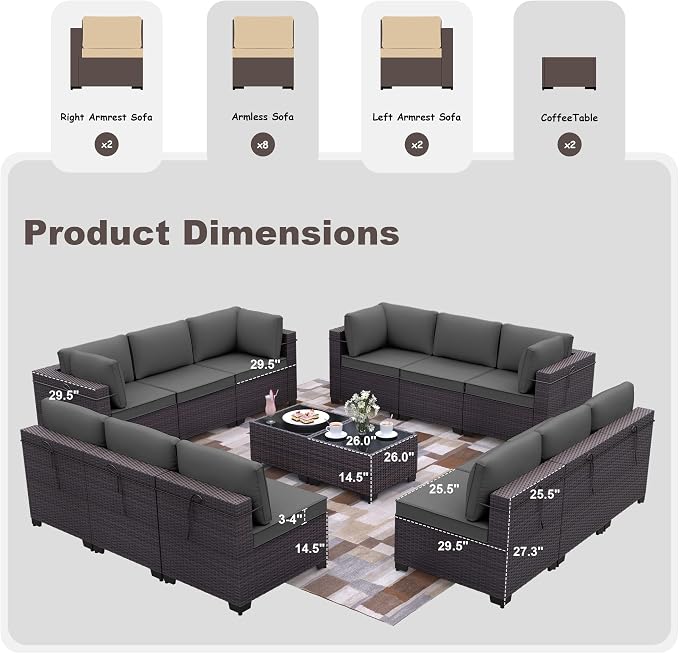 Kurapika 14 Pieces Patio Furniture Set, Rattan Wicker Outdoor Conversation Sets w/4 Inch Cushion and Glass Coffee Table(Grey)