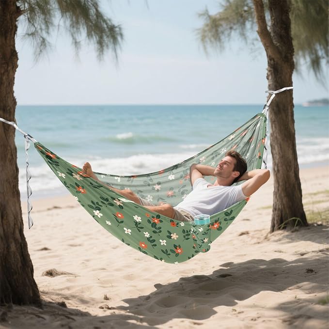 Camping Hammock Outdoor Hammocks for Outside Green Flowers Leaves Beach Trees Portable Lightweight with Pockets Tree Straps Indoor