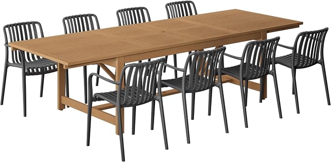 Urban Elements Frida Rectangular Extendable Patio Furniture Set | 100% Certified Teak Finish | Backyard Furniture, Outside Table and Chairs, Rectangular Outdoor Dining Set (Black, 9-Piece)