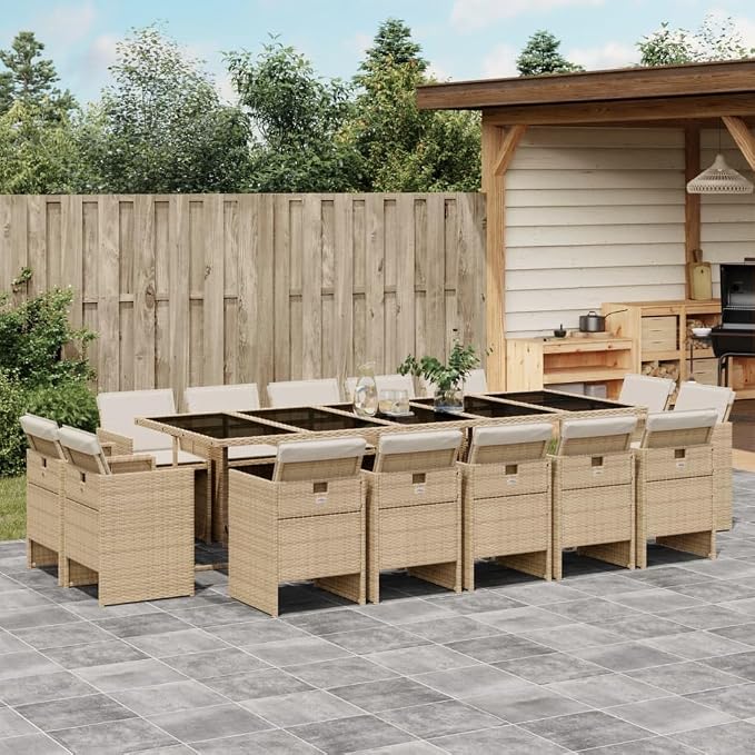 15-Piece Patio Dining Set with Cushions Beige Poly Rattan Outdoor Furniture Set Tempered Glass Table Foldable Chairs for Backyard Garden Balcony Porch