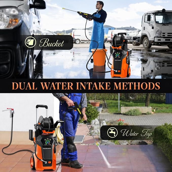 𝟓𝟎𝟎𝟎𝐏𝐒𝐈 𝐏𝐫𝐞𝐬𝐬𝐮𝐫𝐞 𝐖𝐚𝐬𝐡𝐞𝐫 Cleaner, Portable Car Washer with 4 Quick Connect Nozzles, Foam Cannon (Orange)