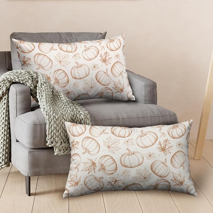 Fall Pumpkin Lumbar Pillow Covers 12x20 Set of 2 Burnt Orange Cream Maple Leaves Throw Pillow Covers Autumn Pillowcase Rectangular Cushion Case for Home Decor Outdoor Sofa