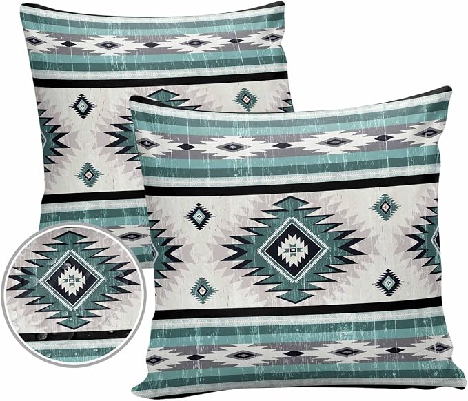 Outdoor Waterproof Throw Pillow Covers Set of 2 Turquoise Boho Aztec Pillowcases 16x16 Inches Southwest Tribal Geometric Patio Decorative Pillows Cushion Case Patio Pillows for Couch Bed Chair Garden