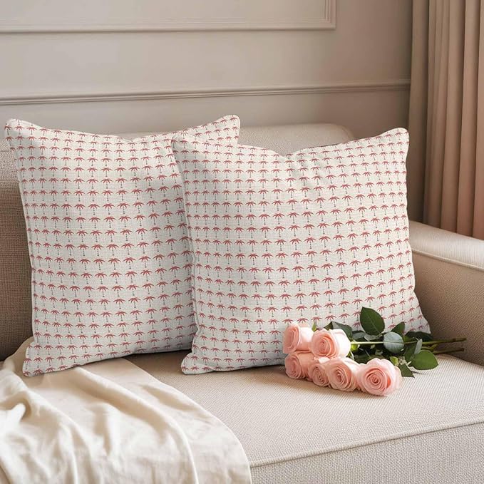 Palm Trees Outdoor Pillow Covers 18"x18" Set of 2, Summer Vintage Nautical Coastal Beach Ocean Red Tree Waterproof Throw Pillow Covers for Patio Furniture, Decorative Cushion Covers for Porch