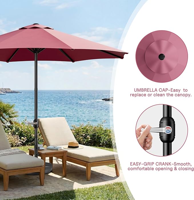 CHABATREE 9FT Outdoor Patio Umbrella with Easy Crank - UV Resistant & Waterproof Market Umbrella with Ventilated Canopy, 8 Sturdy Ribs & Powder-Coated Frame for Garden, Deck, Backyard, Pool, Patio Table