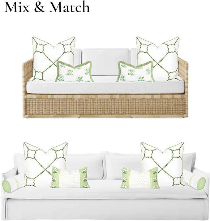 Hofdeco Premium Grandmillennial Coastal Hampton Patio Indoor Outdoor Throw Pillow Cover Only, 22"x22" Water Repellent for Backyard, Couch, Poolside, Grass Green Print Bamboo Trellis