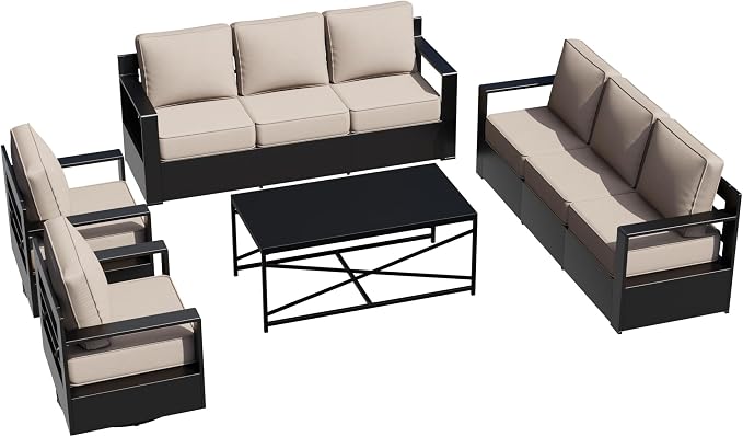 Outdoor Aluminum Furniture Set, 4-Piece Patio Conversation Set, 2 Swivel Chairs, 2 Sofa and 1 Table, All-Weather Metal Frame, 6" Thick Removable Cushions, Deep Setting for Garden, Porch