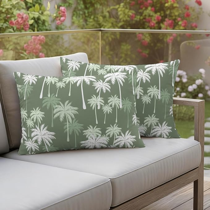Lumbar Pillow Covers 20x12 Inch Set of 2, Tropical Palm Tree Waterproof Outdoor Pillow Covers, Olive Green Plants Coastal Leaf Beach Decorative Cushion Pillowcases for Couch, Sofa, Bed, Garden, Patio