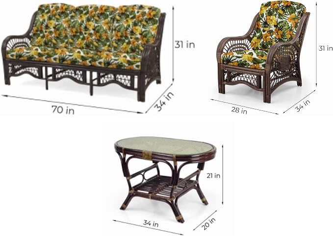 Malibu Lounge Set of 4: 2 Natural Rattan Wicker Chairs, Three-Seater Sofa with Cushions and Coffee Table with Glass Handmade, Dark Brown Color