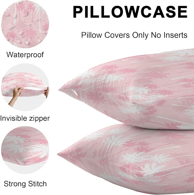 Lumbar Pillow Covers 20x12 Inch Set of 2, Tropical Palm Tree Waterproof Outdoor Pillow Covers, Pink White Plants Coastal Leaf Beach Decorative Cushion Pillowcases for Couch, Sofa, Bed, Garden, Patio