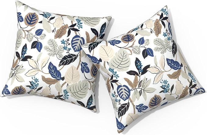 Outdoor Pillows for Patio Furniture 18x18 inch, Square Outdoor Throw Pillows with Inserts, Decorative Toss Pillows for Garden Couch Home Sofa Office Chair, Pack of 2, Breeze Leaves Beige