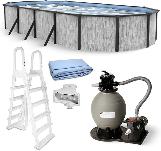 Blue Wave Sevilla 15x30-ft Oval 52-in Deep Hard Sided Steel Wall Above Ground Pool with 6-in Steel Top Seats, Dual-Speed Sand Filter System, Ladder, Skimmer & Liner – 9,900 Gallon Cap for Family Use