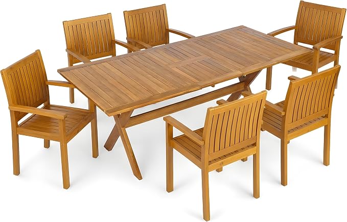 Christopher Knight Home Daron 7 Piece Acacia Wood Outdoor Dining Table Set for 6, Extendable Dining Table and 6 Patio Chairs, Slatted Wooden Outdoor Patio Furniture Set for Garden/Backyard, Teak