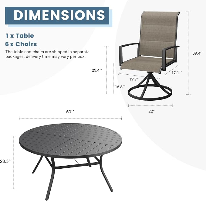 DIFY 7 Pieces Outdoor Patio Dining Set, 6 Brwon Padded Textilene Swivel Dining Chairs and 50" Black Round Metal Dining Table, Outdoor Table and Chairs for Poolside Backyard Deck