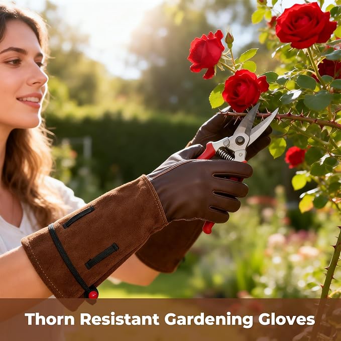 Aegend Gardening Gloves Men, Long Elbow Cuff with Adjustable Strap, Sun & Dirt Protection, Cowhide Leather, Breathable & Comfortable Yard Work, Fit Large Hands for Gardeners (Brown, XL)