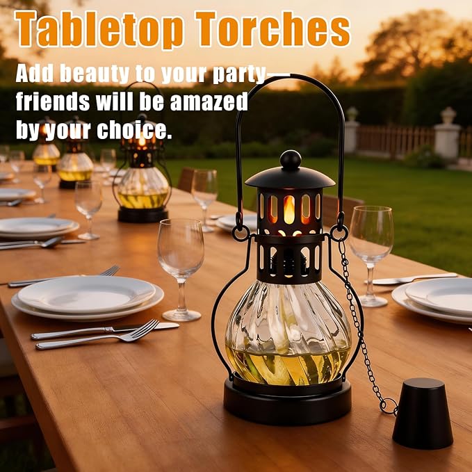 2 Pack Glass Table Top Torches, 14 oz Citronella Torches for Outside, Features hanging handles, Refillable Flame Light Torch, Decorative Tabletop Lantern for Yard, Patio, Garden, Party, Landscape