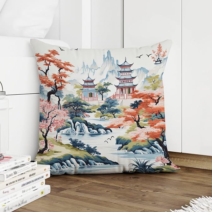 Chinoiserie Pagoda White Coral Blue Pillowcase Chinoiserie Chic Asian Throw Pillow Cover Abstract Decorative Cushion Covers Home Decor for Patio Couch Bench 26x26 in