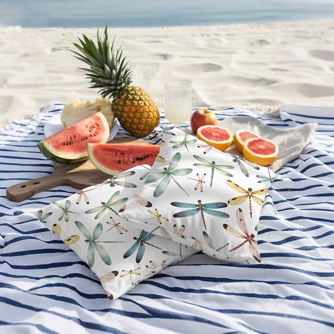 Dragonfly Outdoor Pillow Covers 18x18 Inch Throw Pillow Covers Set of 2 Waterproof Decorative Pillow Cases Watercolor Colorful Nature Painting Art Cushion Covers for Patio Furniture Garden Couch Sofa
