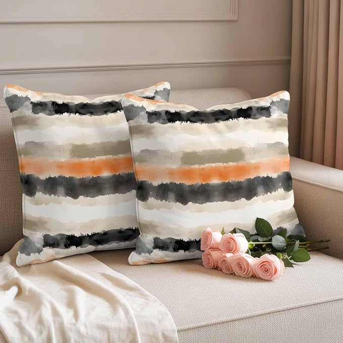 Black Gray Orange Stripes Outdoor Waterproof Throw Pillow Covers Set of 2, 20"x20", Modern Art Decorative Pillow Covers Outside Cushion Case for Patio Porch Garden
