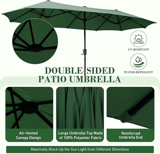 13 ft Patio Umbrella, Large Rectangle Outdoor Umbrella with Strap, Crank, Green