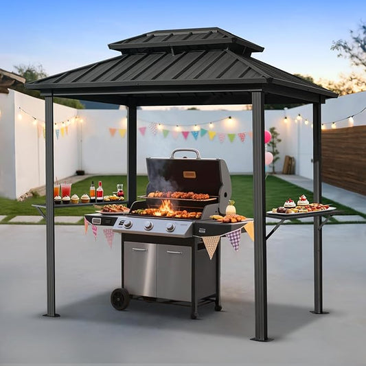 EROMMY 8' x 6' Hardtop Grill Gazebo with Galvanized Steel Double Roof, Outdoor Metal Patio BBQ Gazebo with 2 Side Shelves and Ceiling Hook for Deck Lawn Backyard Garden (Black)