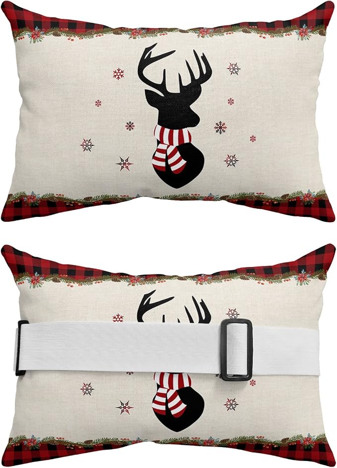 Outdoor Pillows Covers with Inserts Merry Christmas Elk and Snowflakes Waterproof Recliner Pillow with Adjustable Strap Throw Pillows for Patio Furniture Pool Lounge Chair, 11x16 inch, 1PCS
