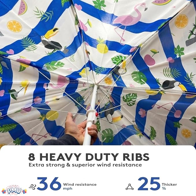 PMU 4 Pcs 6ft Tropical Beach Umbrella – Blue & White Stripes with Flamingo, Toucan & Leaf Print, 72in Open, 160G Polyester, Large Outdoor Patio Pool Parasol Umbrella for Garden, Deck, Backyard & Pool