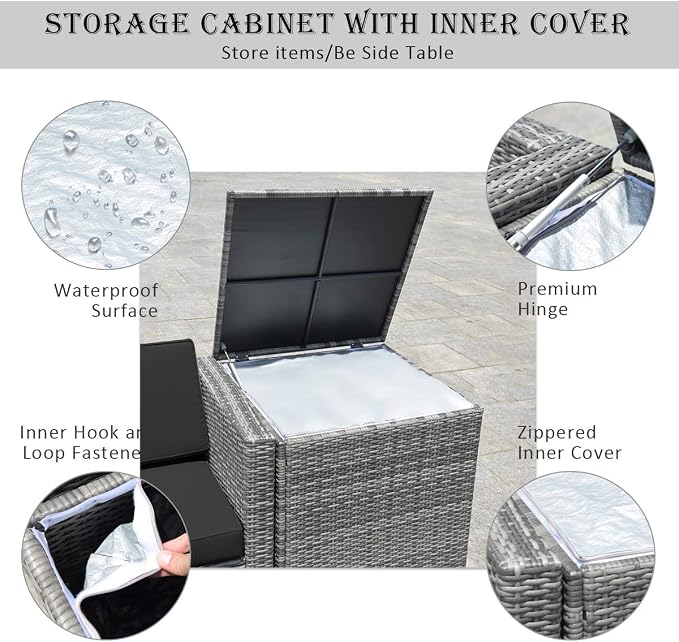 RELAX4LIFE 8-Piece Patio Furniture Set - PE Wicker Conversation Set w/Soft Cushions & Tempered Glass Storage Table, Outdoor Sectional Sofa Set for Garden, Poolside, Backyard (Grey)