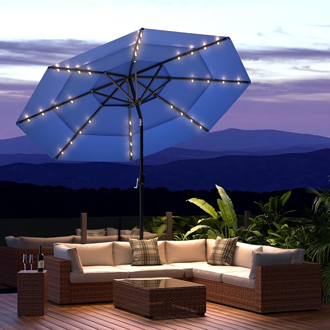 11FT 3 Tiers Patio Umbrella for Outside, Outdoor Umbrella with Solar LED Lights, Market Patio Table Umbrella with 8 Sturdy Ribs, Pool Umbrella for Garden, Pool, Backyard, Navy Blue