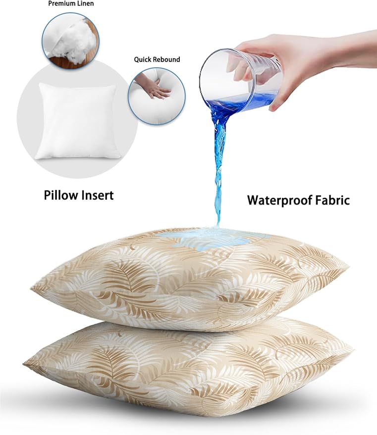 Waterproof Outdoor Pillow Set of 2 Cream Tropical Palm Leaves Decorative Throw Pillows Cover & Insert 20x12 Inch Lumbar Pillowcase Summer Jungle Foliage Pillows for Couch Sofa Bed Patio Furniture