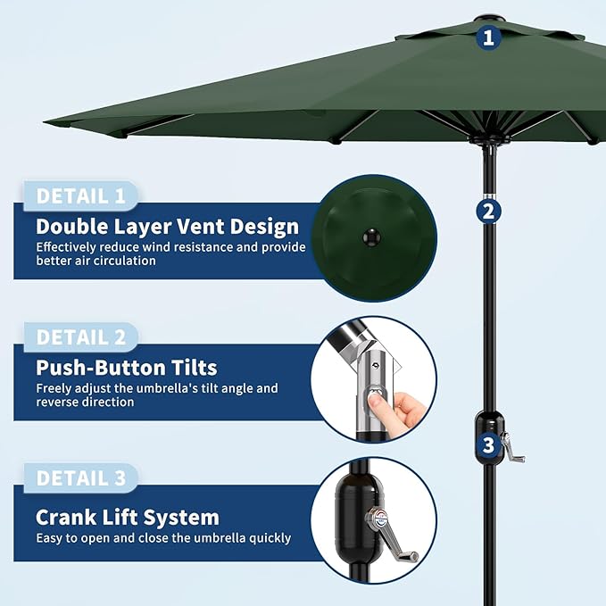 Garvee 9 ft Patio Umbrella - 8 Sturdy Ribs Outdoor Table Umbrella with Crank Lift & Push Button Tilt - Market Umbrella for Pool, Deck, Yard, Garden - Dark Green