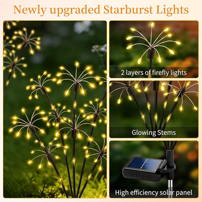 Solar Garden Lights Outdoor, 4 Pack 2-Layer Swaying Fairy Firework Lights | Waterproof Starburst Flower Light, Garden Decor for Yard Patio Pathway Lawn, Gardening Gifts for Women Mom Grandma Christmas