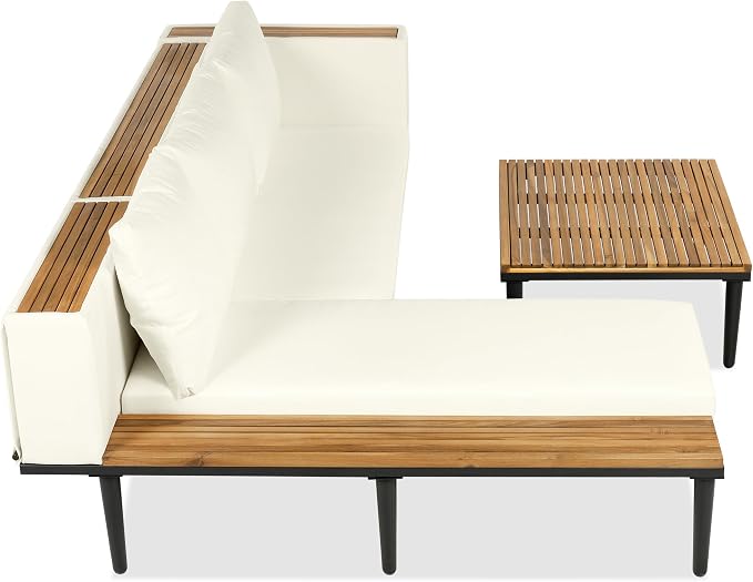 Luxury 4-Piece L-Shaped Outdoor Patio Sofa Set with Acacia Wood Side & Coffee Table, Removable Cushions & Pillows, Metal Frame, Comfortable Modular Conversation Sectional for Backyard, Porch, Beige