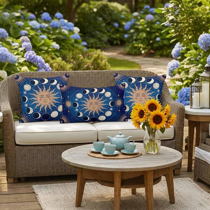 Celestial Sun and Moon Waterproof Outdoor Pillow Covers Set of 2 Home Decor, Blue Starry Galaxy Boho Pillowcase Patio Pillow Covers for Couch Bench Patio Furniture Garden 18x18in
