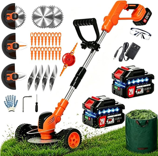 Cordles Weed Wacker, 21V Electric Weed Eater Battery Powered, No String Trimmer with Wheels & Metal Blades, Lightweight Grass Trimmer/Lawn Edger/Brush Cutter, Stringless Weed Trimmer for Yard Garden