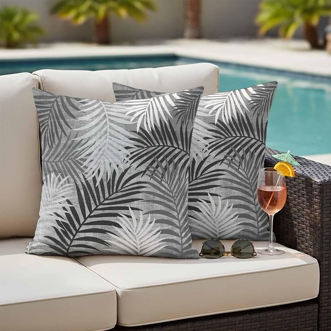Outdoor Waterproof Throw Pillow Covers, Grey Palm Leaves Decorative Pillow Cases, Summer Botanical Tropical Leaf Couch Pillow Protector Patio Sofa Cushion Covers Replacement 24"x24" 2 Pack