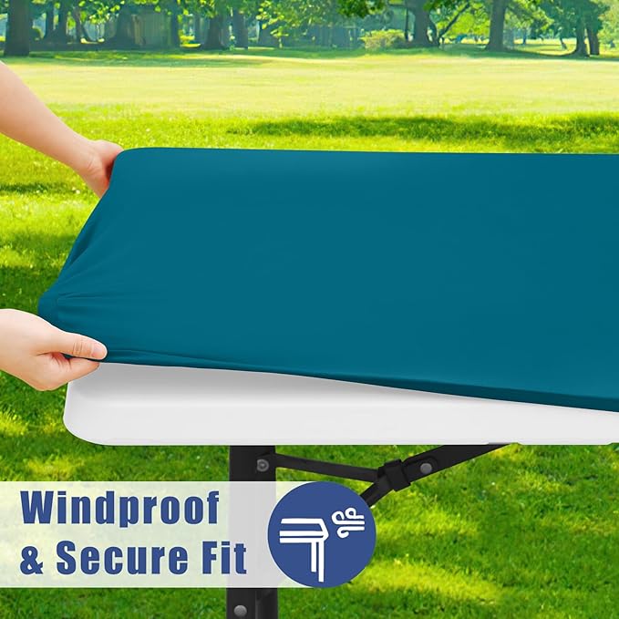 Moosfor Spandex 4 Foot Rectangle Table Cloth 2 Pack, Elastic Fitted Tablecloths for Picnic, Stretch Washable Patio Table Cover for Outdoor, Camping, Banquet and Parties (Peacock Blue, 24"x48")
